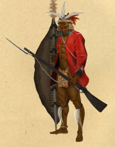 Битва при Изандлване - воин зулус с трофейной винтовкой и в кителе, снятом с убитого солдата